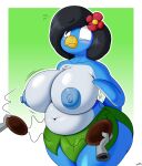  absurd_res anthro avian beak big_breasts bird black_hair blush breasts clothed clothing coconut_bra female grass_skirt hair hi_res multicolored_body penguin solo topless two_tone_body xmetalhusky 