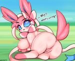  anus blush breasts busty_feral butt dialogue eeveelution english_text female feral fur genitals hi_res kyodashiro looking_back nintendo pink_body pink_fur pok&eacute;mon pok&eacute;mon_(species) pussy solo sylveon text video_games 