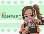  1girl apex_legends blue_shirt bright_pupils brown_eyes brown_gloves brown_hair character_name chewing_gum dark-skinned_female dark_skin facial_mark forehead_mark gloves green_nails head_tilt heart heart_hands highres jacket looking_at_viewer nepitasu orange_jacket rampart_(apex_legends) shirt side_ponytail single_glove solo white_pupils 