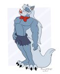  2021 animaniacs anthro blue_body blue_fur bow_tie canid canine canis fluffy fluffy_tail fur hair half-closed_eyes long_hair male mammal muscular muscular_anthro muscular_male narrowed_eyes no_shoes pecs princeofdingos red_nose signature simple_background smile solo warner_brothers were werecanid werecanine werewolf wilford_wolf wolf 