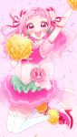 1girl :d arm_up back_bow blush bow clover_earrings confetti crop_top cure_yell double_bun flower full_body hair_cones hair_flower hair_ornament hair_ribbon heart heart_hair_ornament highres hugtto!_precure kuzumochi layered_skirt long_hair looking_at_viewer magical_girl nono_hana open_mouth pink_background pink_eyes pink_footwear pink_hair pink_skirt pom_pom_(cheerleading) precure puffy_sleeves red_ribbon ribbon see-through_sleeves shiny shiny_hair shoes simple_background skirt smile solo thighhighs white_bow white_legwear zettai_ryouiki 