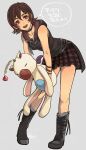  1girl breasts brown_eyes brown_hair choker final_fantasy final_fantasy_xv full_body highres iris_amicitia looking_at_viewer medium_breasts open_mouth payu_(pyms11) short_hair simple_background skirt sleeveless smile solo stuffed_animal stuffed_toy 