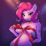  &lt;3 2022 anthro bell bell_collar blue_eyes blush breasts christmas collar earth_pony equid equine eyebrows eyelashes female friendship_is_magic fur gift_wrapped hair hellcat120 hi_res holidays horse inner_ear_fluff looking_at_viewer mammal my_little_pony navel open_mouth pink_body pink_fur pink_hair pinkie_pie_(mlp) pony ribbons solo tuft 
