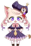  anthro blush blush_stickers bunnag cat_busters chrona_(cat_busters) clothing domestic_cat dress drill_curls felid feline felis girly hair hands_on_hips hat headgear headwear hi_res male mammal open_mouth purple_eyes simple_background solo standing white_background 