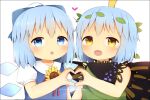  2girls antennae antidote aqua_hair blue_bow blue_dress blue_eyes blue_hair blush bow butterfly_wings cirno collared_shirt detached_wings dress eternity_larva eyebrows_visible_through_hair fairy flower green_dress hair_between_eyes hair_bow heart heart_hands heart_hands_duo ice ice_wings leaf leaf_on_head multicolored_clothes multicolored_dress multiple_girls open_mouth puffy_short_sleeves puffy_sleeves shirt short_hair short_sleeves simple_background single_strap smile sunflower tanned_cirno touhou upper_body white_background white_shirt wings yellow_eyes yellow_flower 