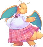  anthro big_breasts blush bottomwear breasts bunnag clothing dragonite female hi_res membrane_(anatomy) membranous_wings nintendo one_eye_closed orange_body orange_scales overweight overweight_anthro overweight_female pok&eacute;mon pok&eacute;mon_(species) scales school_uniform shirt simple_background skirt solo standing topwear uniform video_games white_background white_clothing white_shirt white_topwear wings wink 