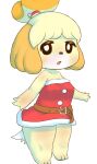  animal_crossing anthro barefoot belt bunnag canid canine canis christmas christmas_clothing clothing domestic_dog feet female fur holidays isabelle_(animal_crossing) looking_at_viewer mammal nintendo open_mouth paws shih_tzu simple_background solo standing thick_thighs toy_dog video_games white_background yellow_body yellow_fur 