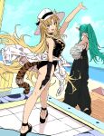  2girls :d animal_ears aqua_hair arknights arm_up ass bare_legs bare_shoulders beach black_footwear black_gloves black_pants black_swimsuit blonde_hair blue_sky breasts camisole casual_one-piece_swimsuit clothes_around_waist day ears_through_headwear from_behind full_body gloves green_eyes hat highres holding horns hoshiguma_(arknights) jewelry large_breasts long_hair looking_at_viewer looking_back multiple_girls necklace nobita ocean official_alternate_costume one-piece_swimsuit open_mouth outdoors pants ponytail sandals shading_eyes single_glove single_horn sky smile sun_hat swimsuit swire_(arknights) tail tail_ornament tail_ring tail_through_clothes tiger_ears tiger_girl tiger_tail very_long_hair walking white_headwear 