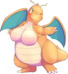  anthro big_breasts blush breasts bunnag dragonite featureless_breasts female hi_res membrane_(anatomy) membranous_wings nintendo one_eye_closed orange_body orange_scales overweight overweight_anthro overweight_female pok&eacute;mon pok&eacute;mon_(species) scales simple_background solo standing video_games white_background wings wink 