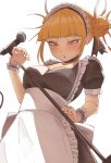  1girl :o absurdres alternate_costume bangs blonde_hair blunt_bangs boku_no_hero_academia breasts chestnut_mouth choker cleavage collarbone cowboy_shot double_bun enmaided eyebrows_visible_through_hair highres holding holding_microphone_stand large_breasts leaning_back looking_at_viewer maid microphone microphone_stand naughty_face ribbon short_sleeves simple_background solo toga_himiko white_background wrist_ribbon yellow_eyes zd_(pixiv6210083) 