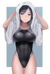  1girl arms_up black_swimsuit blue_background blue_eyes blue_hair border breasts collarbone commentary_request competition_swimsuit cowboy_shot drying drying_hair hashi large_breasts looking_at_viewer one-piece_swimsuit original outside_border short_hair simple_background solo standing swimsuit thigh_gap towel towel_on_head wet wet_clothes wet_swimsuit white_border 