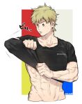  1boy abs artist_name blonde_hair blue_eyes boku_no_hero_academia casual collarbone cropped_legs furrowed_brow groin hip_bones male_focus muscular muscular_male number_print outside_border parted_lips scar scar_on_arm scar_on_chest scar_on_stomach short_hair sideburns simple_background solo sweatdrop togata_mirio undressing ura_musi 