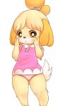  animal_crossing anthro barefoot blush bunnag canid canine canis clothing domestic_dog feet female fur hand_on_face hi_res isabelle_(animal_crossing) looking_at_viewer mammal nintendo panties pink_clothing pink_panties pink_shirt pink_topwear pink_underwear shih_tzu shirt simple_background solo topwear toy_dog underwear video_games white_background yellow_body yellow_fur 