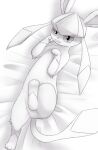  ambiguous_gender bed_sheet bedding bunnag eeveelution featureless_crotch feral glaceon greyscale lying monochrome nervous nintendo on_back paws pok&eacute;mon pok&eacute;mon_(species) solo video_games wavy_mouth 