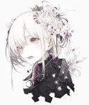  1girl absurdres bangs blush crescent cropped_shoulders crown flower hair_over_one_eye highres hito_komoru long_hair looking_ahead mini_crown mouse mouse_on_head open_mouth original petals purple_eyes simple_background solo updo upper_body white_background white_hair 