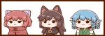  3girls animal_ear_fluff animal_ears bangs blue_hair bow brooch brown_hair chibi grass_root_youkai_network green_kimono hair_bow head_fins high_collar imaizumi_kagerou japanese_clothes jewelry kimono long_hair multiple_girls poronegi purple_bow red_hair ringlets sekibanki short_hair simple_background smile touhou upper_body wakasagihime white_background wolf_ears 