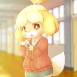  animal_crossing anthro blush bottomwear bunnag canid canine canis clothing detailed_background domestic_dog female fur hallway hi_res inside isabelle_(animal_crossing) looking_at_viewer mammal nintendo open_mouth shih_tzu skirt solo sweater topwear toy_dog video_games yellow_body yellow_fur 