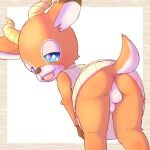  animal_crossing antelope anthro anus backsack balls beau_(animal_crossing) bent_over blue_eyes border bottomless bovid bunnag butt clothed clothing foreskin genitals half-closed_eyes hands_on_knees hi_res looking_at_viewer male mammal narrowed_eyes nintendo open_mouth penis perineum presenting presenting_hindquarters simple_background solo unretracted_foreskin video_games white_background 