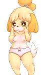  animal_crossing anthro areola barefoot blush breasts bunnag canid canine canis clothed clothing domestic_dog feet female fur hand_on_face hi_res isabelle_(animal_crossing) looking_at_viewer mammal navel nintendo nipples panties panties_only pink_clothing pink_panties pink_underwear shih_tzu simple_background solo topless toy_dog underwear underwear_only video_games white_background yellow_body yellow_fur 