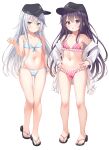  2girls absurdres akatsuki_(kancolle) alternate_costume bare_arms bare_legs bare_shoulders bikini black_hair blue_eyes blush breasts flat_cap flat_chest frilled_bikini frills front-tie_top full_body hand_on_hip hat hibiki_(kancolle) highres kantai_collection long_hair looking_at_viewer messy_hair multiple_girls navel purple_eyes purple_hair sandals school_uniform serafuku standing string_bikini striped striped_bikini swimsuit swimsuit_under_clothes xue_lu 