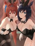  2girls absurdres animal_ears arm_behind_head bangs black_hair black_leotard blue_eyes blush bow bowtie breasts brown_hair cleavage closed_mouth commentary_request daiwa_scarlet_(umamusume) detached_collar eishin_flash_(umamusume) elbow_gloves embarrassed eyebrows_visible_through_hair fake_animal_ears fishnet_legwear fishnets full-face_blush gloves hair_intakes hair_ornament hair_scrunchie highres horse_ears horse_girl large_breasts leotard long_hair looking_at_viewer mchiefy multiple_girls open_mouth playboy_bunny rabbit_ears raised_eyebrows red_eyes scrunchie short_hair smile sweat tiara twintails umamusume very_long_hair wrist_cuffs 