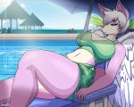  anthro aurora_(shai_dreamcast) big_breasts bikini black_sclera bra breasts canid canine canis clothed clothing detailed_background digital_media_(artwork) feathered_wings feathers female fur hair hi_res jackal jhenightfox mammal navel outside pink_body pink_fur pool_(disambiguation) solo swimwear underwear white_body white_fur white_hair wings 