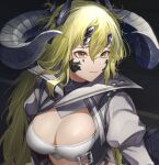  1girl arknights bangs belt blonde_hair breasts cleavage estelle_(arknights) eyebrows_behind_hair eyebrows_visible_through_hair hair_between_eyes hair_ornament hairclip horns jacket long_hair looking_to_the_side marumoru solo upper_body yellow_eyes 