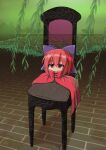  1girl bangs bow brick_floor chair cloak damiwi disembodied_head eyebrows_visible_through_hair hair_bow highres looking_at_viewer outdoors plant purple_bow red_eyes red_hair sekibanki short_hair solo touhou 