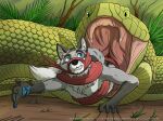  ambiguous_gender ambiguous_pred anthro anthro_prey blue_eyes blue_pawpads canid canine claw_marks claws dirt duo fangs feet_first feral feral_pred forked_tongue fur grass green_body green_eyes green_scales grey_body grey_fur hi_res inner_ear_fluff kemira larger_ambiguous larger_feral larger_pred leaf long_tongue male male/ambiguous male_prey mammal oral_vore outside pawpads plant reptile rock scales scalie size_difference smaller_anthro smaller_male smaller_prey snake soft_vore struggling swallowing teeth tongue tongue_wrap tree tuft vore were werecanid werecanine werefox white_body white_fur 