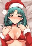  1girl artist_name bangs bed_sheet bikini blush breasts brown_eyes christmas closed_mouth commentary_request detached_sleeves english_text from_above fur-trimmed_sleeves fur_trim green_hair half-closed_eyes hat highres idolmaster idolmaster_million_live! looking_at_viewer lying medium_breasts medium_hair merry_christmas on_back on_bed partial_commentary ponpon red_bikini red_headwear red_sleeves santa_hat signature smile solo strap_slip swimsuit tokugawa_matsuri upper_body 