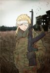  1girl bandage_over_one_eye bird blonde_hair blurry blurry_foreground building camouflage camouflage_coat camouflage_jacket cigarette closed_mouth coat grass green_eyes grey_sky gun highres holding holding_gun holding_weapon in_mouth jacket light_machine_gun long_hair long_sleeves military military_coat military_uniform original outdoors photo_background rpk russia smoking tree uniform weapon 