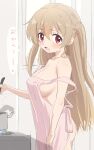  1girl :d apron ass blush breasts collarbone cooking covered_nipples eyebrows_visible_through_hair from_side hair_between_eyes highres kitchen ladle large_breasts light_brown_hair long_hair looking_at_viewer looking_to_the_side minagi_koharu musical_note naked_apron off_shoulder open_mouth pink_apron pot red_eyes shiny shiny_hair shiny_skin sideboob sincos sketch slow_loop smile solo spoken_musical_note steam stove translated two_side_up unfinished unfinished_background window 