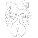  anthro balls blush blush_stickers bunnag cat_busters chrona_(cat_busters) domestic_cat drill_curls felid feline felis flaccid foreskin genitals hair looking_at_viewer male mammal navel nude one_eye_closed penis simple_background sketch solo standing thick_thighs unretracted_foreskin white_background wide_hips wink 