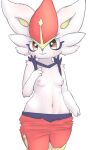  anthro blush breasts bunnag cinderace clothed clothing female fur navel nintendo nipples pok&eacute;mon pok&eacute;mon_(species) simple_background small_breasts smile solo standing topless video_games white_background white_body white_fur wide_hips 
