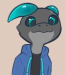  anthro black_sclera blue_eyes bust_portrait clothing grey_body hoodie horn kobold looking_at_viewer male milachu92 portrait reptile scalie side_b smile solo topwear 