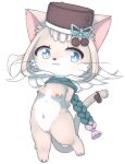  anthro barefoot blue_eyes braided_hair breasts bunnag cat_busters clothing domestic_cat feet felid feline felis female genitals hair hands_behind_back hat headgear headwear hi_res mammal melia_(cat_busters) mostly_nude navel paws pussy simple_background solo standing topwear white_background 