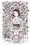  1girl asa_no_ha_(pattern) bag black_hair feet_out_of_frame flower greyscale hair_ornament hairclip holding holding_bag japanese_clothes kimono looking_at_viewer matcha0512 monochrome morning_glory original print_kimono short_hair smile solo traditional_media yukata 