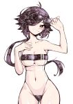  1girl absurdres black_eyes black_hair blush breasts cleavage covered_navel cowboy_shot gris_swimsuit hair_over_one_eye hands_up highres large_breasts long_hair meme_attire navel off-shoulder_one-piece_swimsuit off_shoulder one-piece_swimsuit original parted_lips ponytail see-through_swimsuit simple_background smile solo swimsuit unexistarts uni_(unexistarts) very_long_hair white_background white_nails 