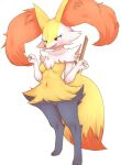  anthro braixen breasts bunnag fangs featureless_breasts female hi_res inner_ear_fluff navel nintendo pok&eacute;mon pok&eacute;mon_(species) red_eyes simple_background solo standing stick tuft video_games white_background 