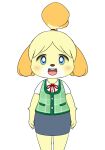  animal_crossing anthro arms_at_sides blue_eyes blush bottomwear bunnag canid canine canis clothing domestic_dog female fur isabelle_(animal_crossing) looking_at_viewer mammal nintendo open_mouth shih_tzu simple_background skirt solo standing toy_dog video_games white_background yellow_body yellow_fur 