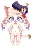  anthro balls blush blush_stickers bunnag cat_busters chrona_(cat_busters) clothing domestic_cat drill_curls felid feline felis flaccid foreskin genitals girly hair hands_on_hips hat headgear headwear hi_res male mammal navel nipples nude open_mouth penis purple_eyes simple_background solo standing unretracted_foreskin white_background 