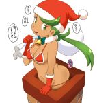  1girl bell bikini breasts chimney christmas cleavage commentary dark-skinned_female dark_skin eyebrows_visible_through_hair fur_collar gloves green_eyes green_hair halterneck hat holding holding_sack long_hair looking_at_viewer mallow_(pokemon) medium_breasts navel neck_bell open_mouth over_shoulder pokemon red_bikini red_gloves red_headwear sack santa_bikini santa_gloves santa_hat side-tie_bikini simple_background smile solo string_bikini stuck sweatdrop swimsuit tof translated twintails white_background 