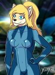  anthro blonde_hair blue_eyes blush blush_lines canid canine cel_shading clothing female fox fur hair hand_on_hip hi_res humanoid looking_at_viewer mammal metroid nintendo samus_aran shaded smile smiling_at_viewer solo tight_clothing video_games yeenydraws yellow_body yellow_fur 