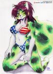  2022 5_fingers absurd_res anthro belly bikini breasts canid canine cleavage clothed clothing female fingers flag_bikini fox fur green_body green_eyes green_fur hair hi_res kemono kneeling long_hair looking_at_viewer mammal medium_breasts multicolored_body multicolored_fur murazaki navel smile snout solo swimwear teeth traditional_media_(artwork) two_tone_body two_tone_fur white_body white_fur 