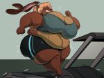  anthro belly belly_overhang big_breasts big_butt blonde_hair bodily_fluids breasts brown_body brown_fur buckteeth butt cleavage clothed clothing earband exercise female fur hair huge_breasts huge_butt lagomorph leporid mammal obese obese_anthro obese_female overweight overweight_anthro overweight_female rabbit running solo ssbbw straining sweat teeth treadmill volkenfox 