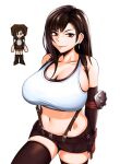  1girl alternate_eye_color armpit_crease boots breasts brown_eyes brown_hair brown_skirt chibi chibi_inset cleavage cowboy_hat crop_top final_fantasy final_fantasy_vii final_fantasy_vii_remake hat highres kevbot large_breasts long_hair looking_at_viewer miniskirt navel retro_artstyle signature simple_background skindentation skirt smile suspenders suspenders_hanging tank_top thick_thighs thighs tifa_lockhart wide_hips 