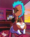  anthro big_breasts big_butt blep blue_hair breasts butt clothing female hair hi_res kneeling looking_at_viewer looking_back looking_back_at_viewer mammal one_eye_closed panties sega shirt solo sonic_the_hedgehog sonic_the_hedgehog_(series) tansau tongue tongue_out topwear underwear wink 