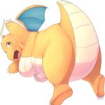  anthro breasts bunnag dragonite fangs featureless_breasts female hanging_breasts hi_res leaning leaning_forward looking_at_viewer membrane_(anatomy) membranous_wings nintendo open_mouth open_smile orange_body orange_scales pok&eacute;mon pok&eacute;mon_(species) raised_tail scales simple_background smile solo video_games white_background wings 