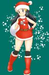  1girl beanie belt black_hair black_legwear blue_eyes blush boots brown_belt christmas commentary_request dawn_(pokemon) dress fur-trimmed_dress fur_trim gloves green_background hat highres holding holding_sack long_hair looking_to_the_side over-kneehighs over_shoulder parted_lips pokemon red_dress red_footwear red_gloves red_headwear sack santa_boots santa_dress santa_gloves santa_hat short_dress sleeveless sleeveless_dress solo standing thighhighs tof 