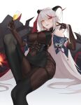  1girl aegir_(azur_lane) alcohol azur_lane bangs black_gloves black_legwear blush bodysuit breasts champagne covered_navel earrings elbow_gloves eyebrows_visible_through_hair gloves highres horns jewelry kojo_(0124) large_breasts long_hair looking_at_viewer multicolored_hair parted_lips red_hair silver_hair smile solo streaked_hair thighhighs thighs white_background yellow_eyes 